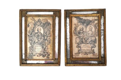 two framed pictures of a man and a woman on a white background