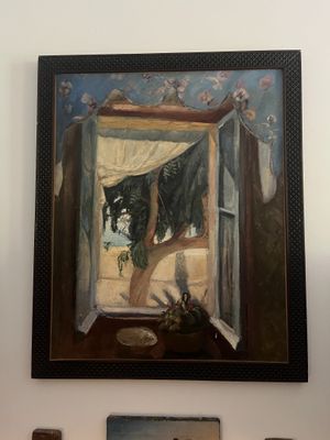 a painting of a dog sitting in a window sill next to a painting of a cat