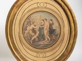 a gold plate with a painting of a group of people in a circle