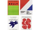four different posters of various colors and designs on a white background
