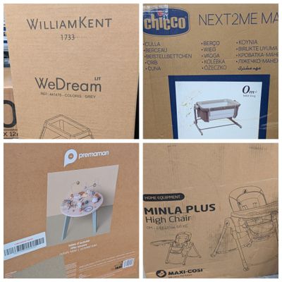plusieurs photos d'un carton contenant une chaise haute pour bébé et une chaise haute pour bébé