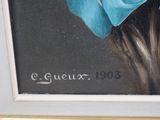 a painting of a dog with a blue bow on it ' s head