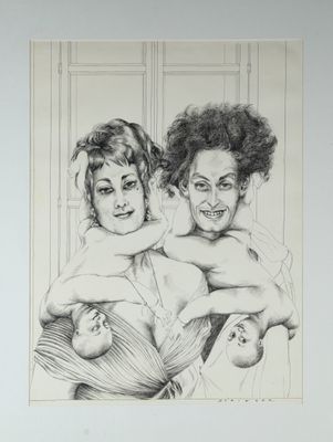 dessin représentant une femme tenant un bébé dans ses bras et une autre femme tenant un bébé dans ses bras