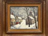 an image of a painting of a snowy street with a person walking down the street
