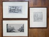 trois dessins encadrés représentant un homme et une femme devant un mur en bois
