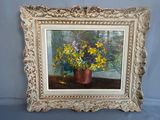 a painting of flowers in a vase on a table
