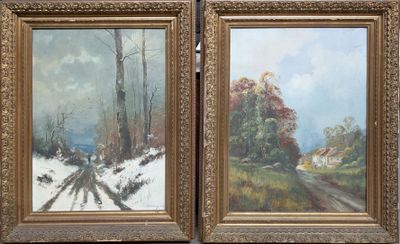 deux tableaux représentant des arbres et une route sous la neige