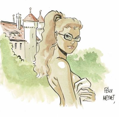 dessin représentant une femme à lunettes tenant un livre devant un château