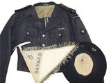 jacket, hat, and umbrella on display on white background