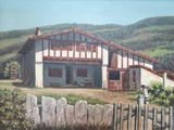 une peinture représentant une maison au bord de la route