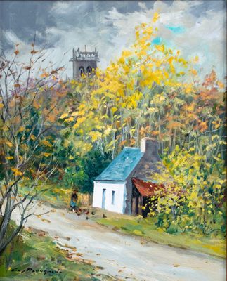 an oil painting of a rural road with a church in the background