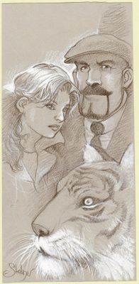 une image représentant un dessin d'un homme et d'une femme avec un tigre
