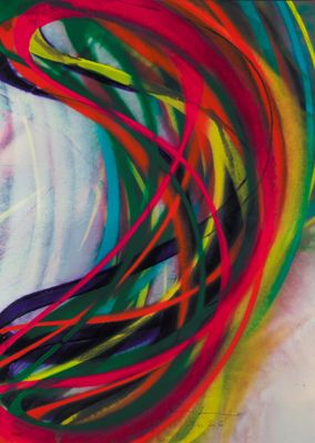 a painting of a woman ' s face with multicolored hair