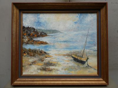 une peinture d'un bateau sur la plage au bord de l'eau