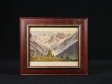 une peinture à l'huile représentant une scène de montagne avec un lac au premier plan