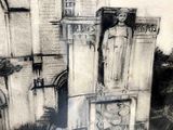 a drawing of a statue in front of a building