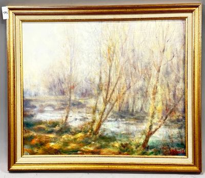 une peinture à l'huile représentant une rivière avec des arbres au premier plan