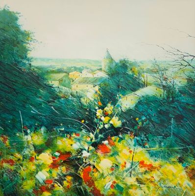 an oil painting of a field with flowers and trees in the background