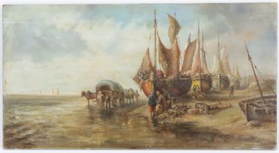 a painting of a group of people on a beach