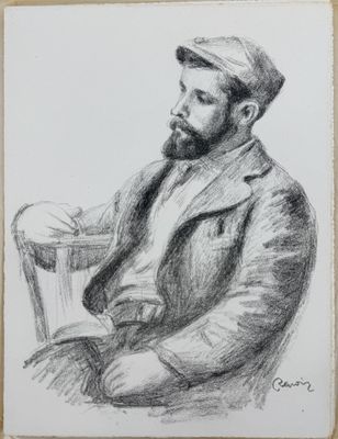 a black and white drawing of a man sitting on a chair
