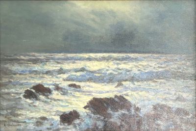 an image of a painting of a body of water with waves coming in