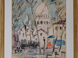 painting of a church with a clock tower in the background