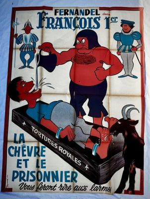 affiche française représentant un personnage de dessin animé arrêté par un taureau