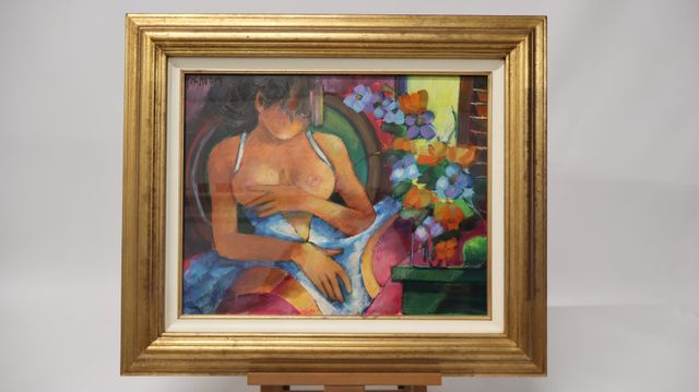 Yves AUBRY (1945-2023) « Femme nue aux bouquets de fleurs ». Huil...