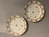 two plates with floral designs on them are sitting on a table