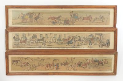 trois tableaux représentant des chevaux et des calèches avec des personnes à bord