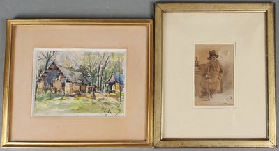 deux aquarelles représentant un homme et une femme dans un champ