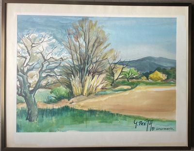 a painting of a landscape with trees in the foreground
