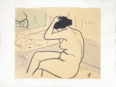 dessin représentant une femme nue assise devant un miroir