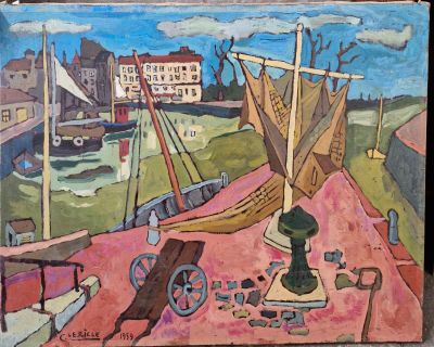 un tableau représentant un bateau dans un port, avec un bâtiment en arrière-plan