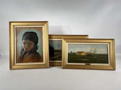 two framed paintings of a woman and a barn in a field