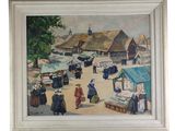an oil painting of a market scene with people walking around