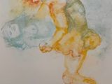 painting of a woman in a yellow dress holding a blue and orange umbrella