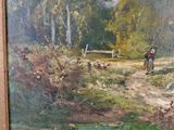 an oil painting of a man walking down a dirt road next to a river