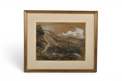 tableau représentant un paysage de montagne avec une rivière et des nuages