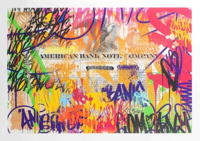 un graffiti sur le mur d'un billet de banque recouvert d'inscriptions