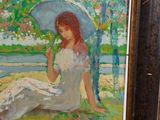 an oil painting of a woman sitting under an umbrella in a park