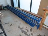 a picture of a room that has a blue bench in it