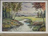an oil painting of a stream running through a lush green field
