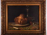 tableau représentant une nature morte avec du pain et du vin sur une table