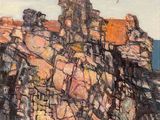 an oil painting of a rocky cliff with a butterfly flying over it