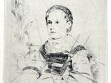 a black and white drawing of a woman in a dress