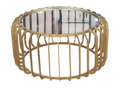 FLAMANT Table basse ronde acier patiné doré et plateau de ve…