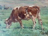 a painting of a cow eating grass in a field