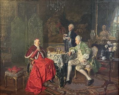painting of a man and a woman playing chess in a living room