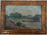 une peinture à l'huile représentant un paysage fluvial avec un pont au loin